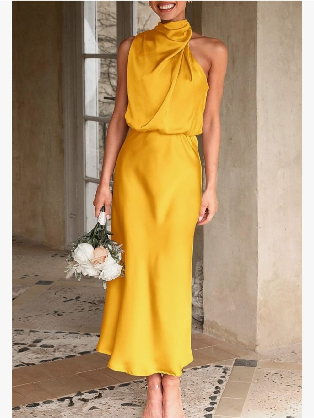 High-Neck Satin Maxi Dress in Mustard Yellow